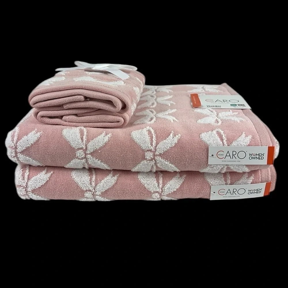 CARO Home Bath Towel Set Pink White Bow Pattern Bath Tip 4 PC NEW